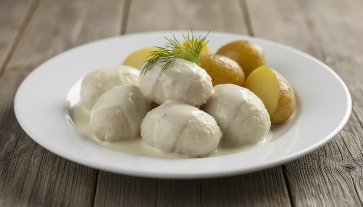 Toptha Peshku Norvegjez (Fiskeboller) me Salcë të Bardhë dhe Patate