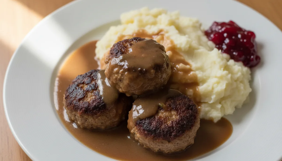 Norwegian Kjøttkaker with Brown Gravy, Mashed Potatoes, and Lingonberries