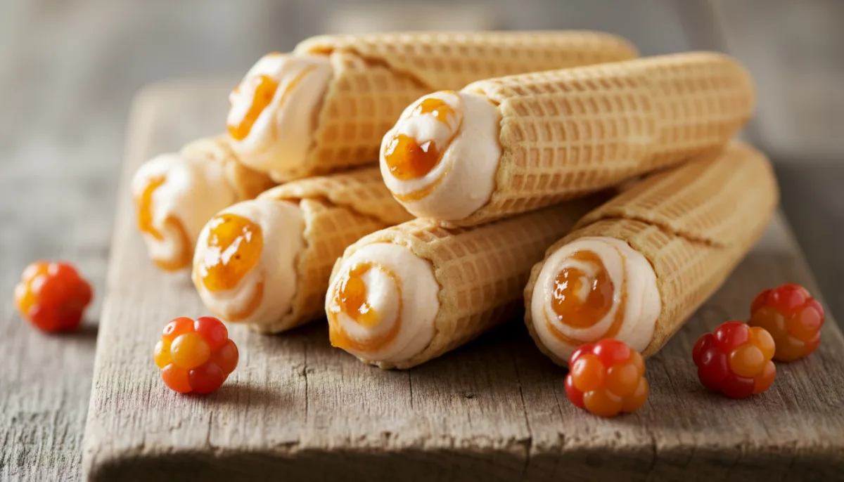 Norwegian Krumkake (Thin Rolled Wafers) with Cloudberry Cream