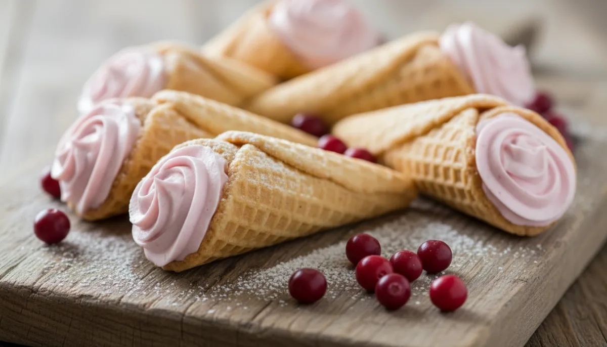 Krumkake Noruego Crujiente con Crema de Arándanos Rojos