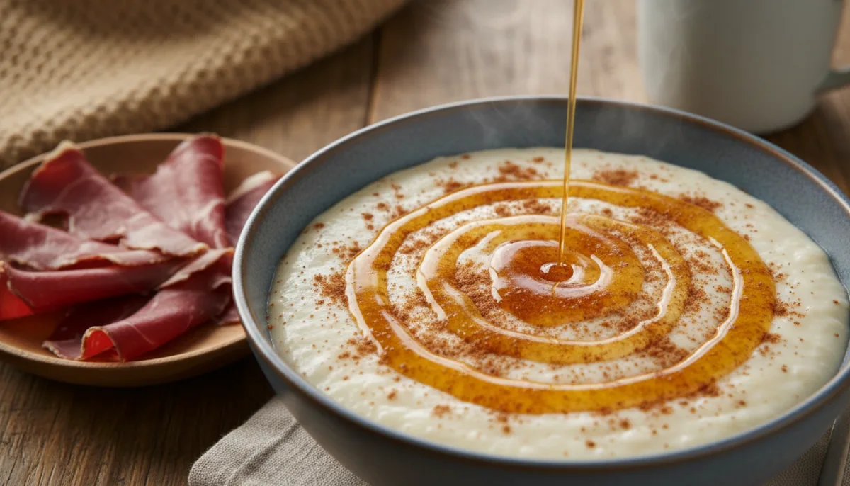 Norwegian Rømmegrøt (Sour Cream Porridge) with Cinnamon Sugar and Cured Meats