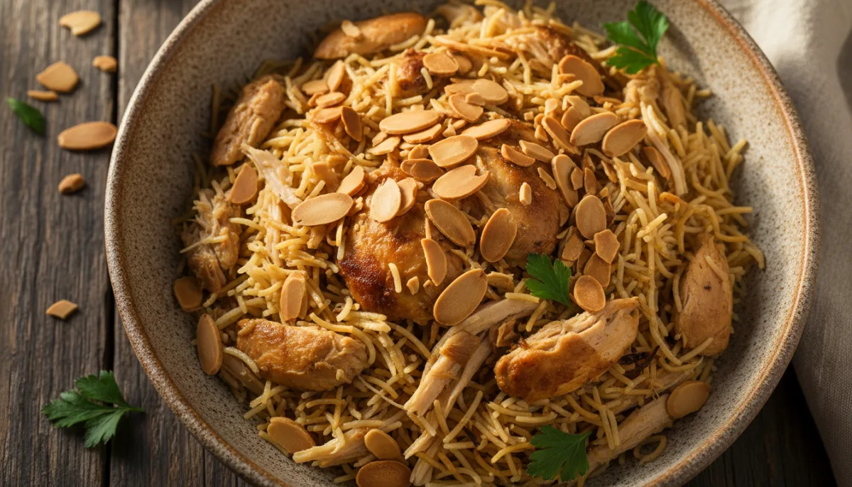 Palestinian Chicken and Rice with Vermicelli and Toasted Almonds (Ruz Ma Lahma)