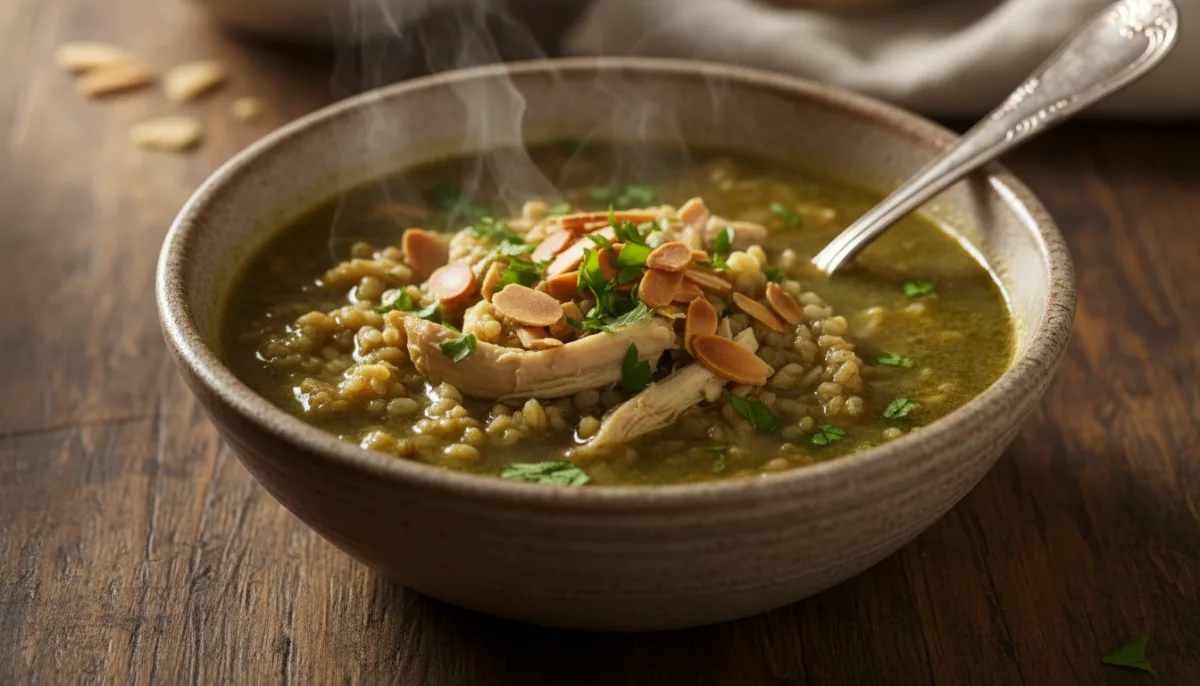 Palestinian Freekeh Soup with Chicken and Toasted Almonds