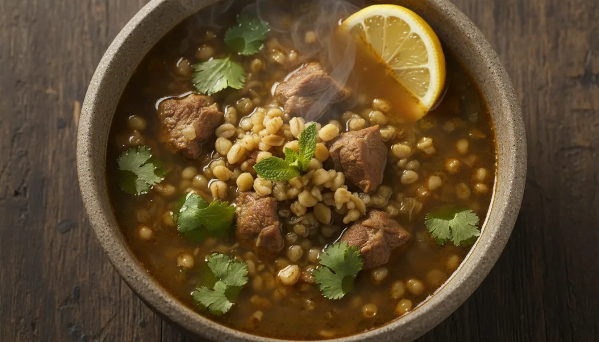 Hearty Palestinian Lamb and Freekeh Soup with Fresh Herbs and Lemon
