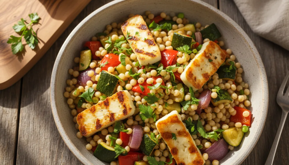 Palestinian Maftoul Salad with Roasted Vegetables and Halloumi