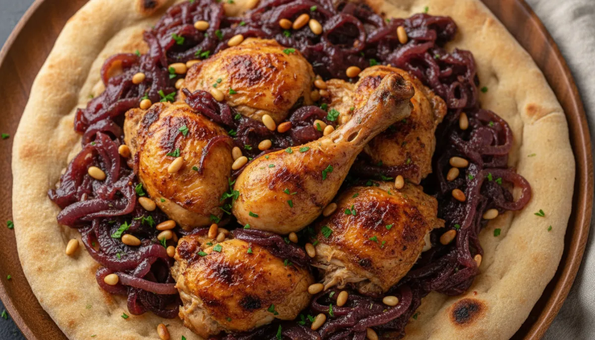 Palestinian Musakhan: Sumac-Spiced Roast Chicken with Caramelized Onions and Taboon Bread