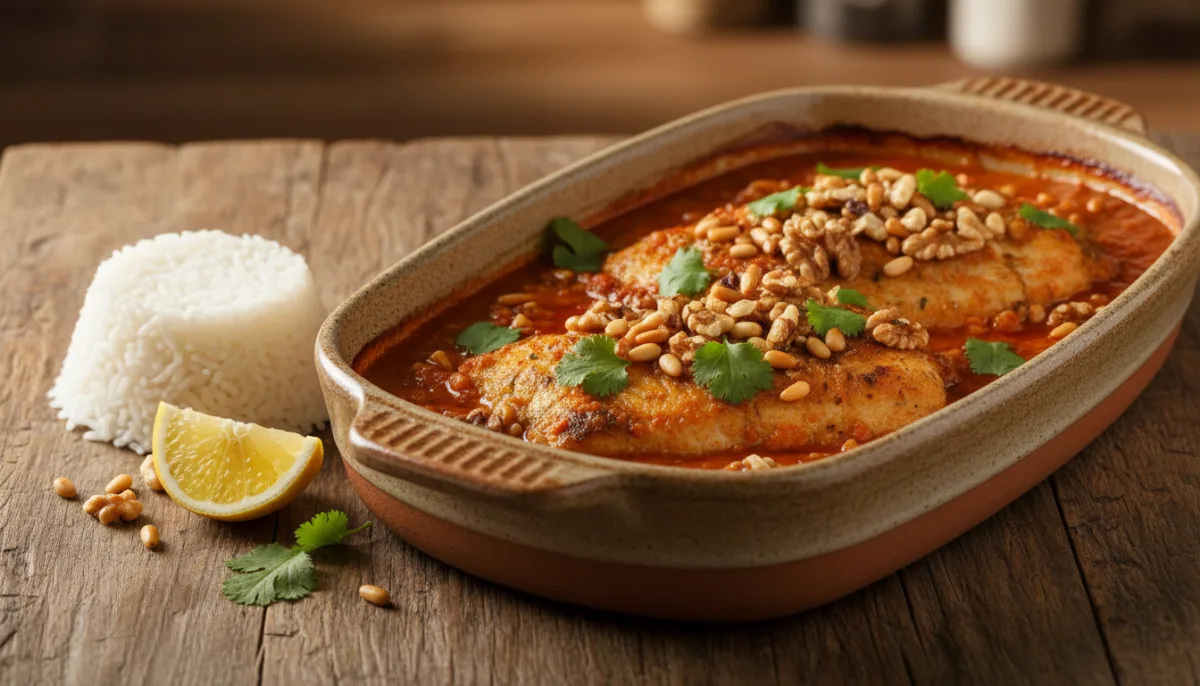 Palestinian Samkeh Harra (Spicy Fish) with Toasted Nuts and Cilantro