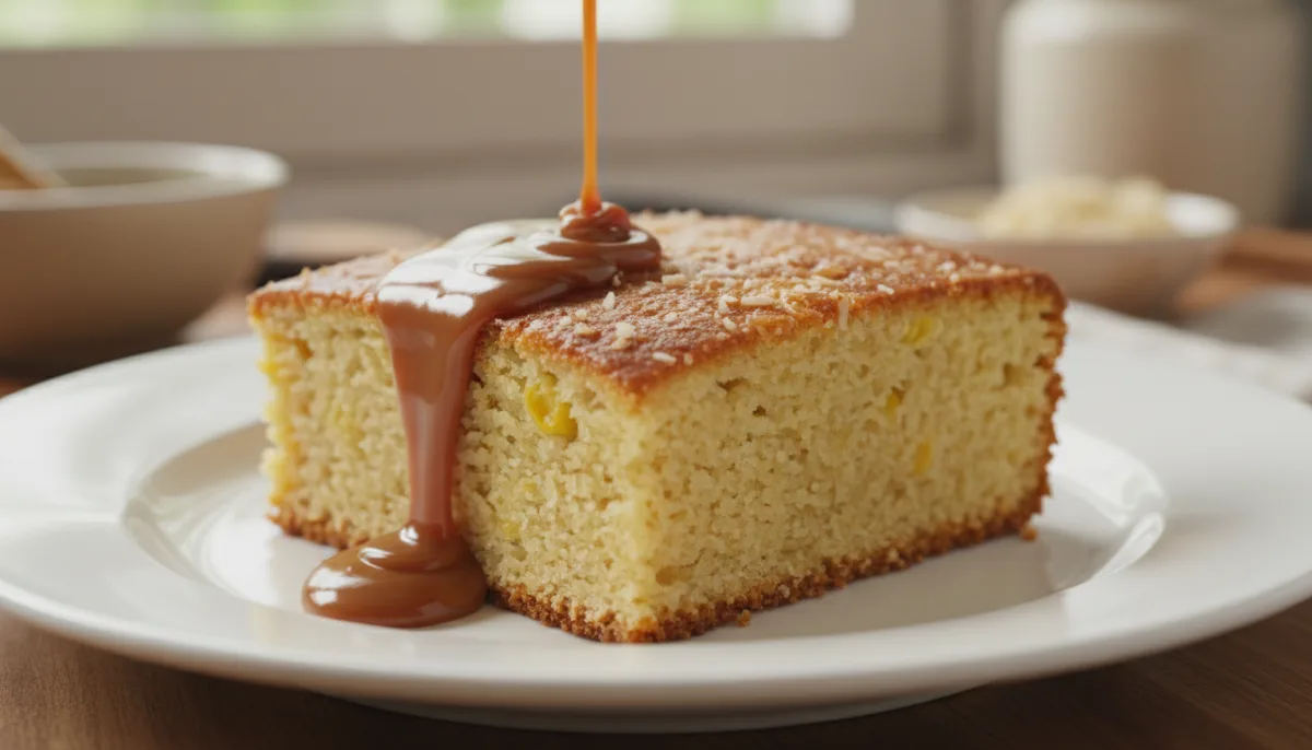 Bolo Panamenho de Milho e Coco com Calda de Doce de Leite