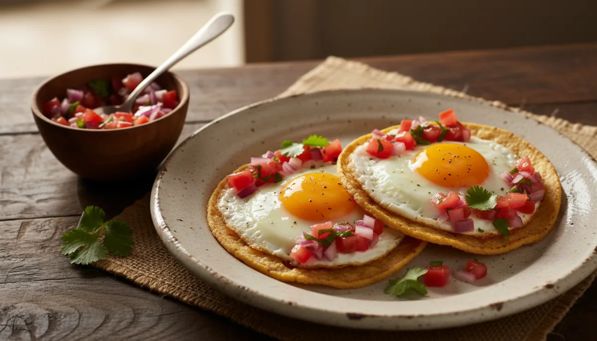 Panamanian Huevos Rancheros with Salsa Criolla and Fried Tortillas