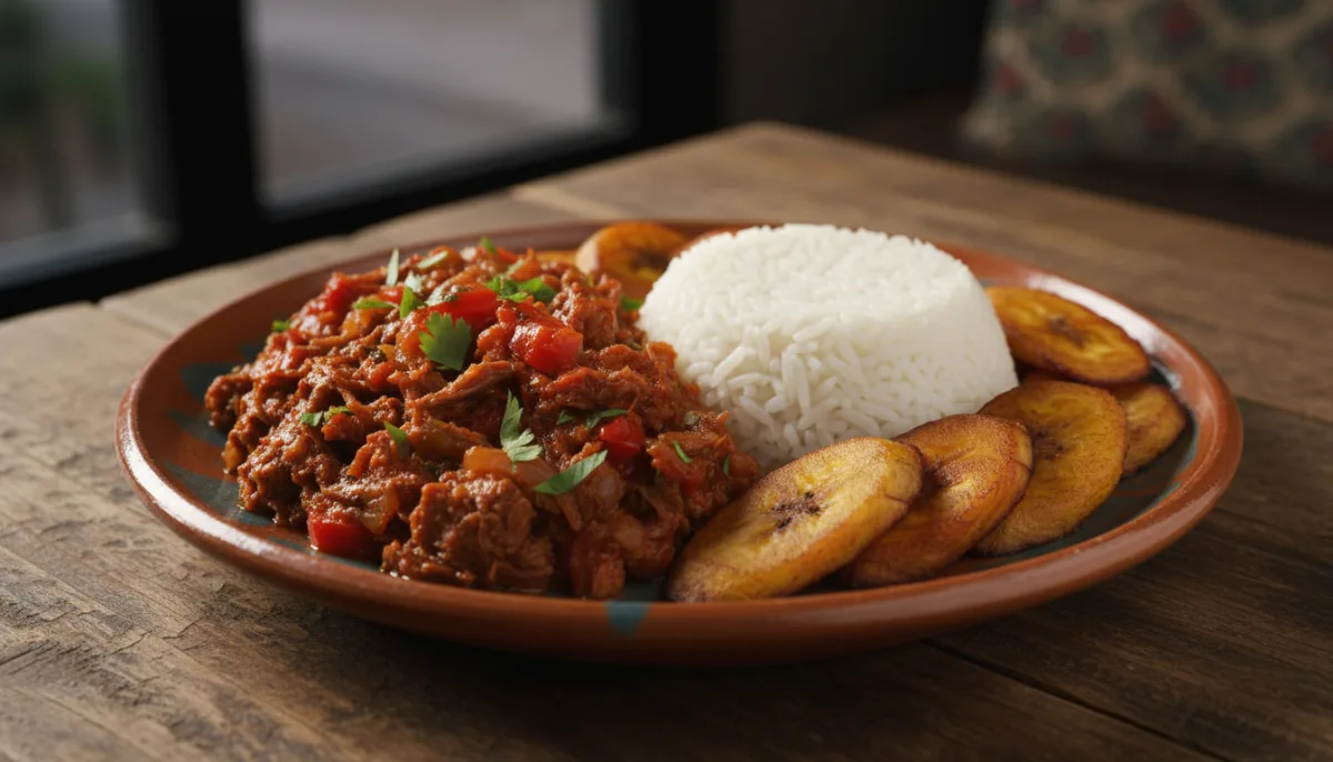 Panamanian Ropa Vieja with White Rice and Fried Plantains