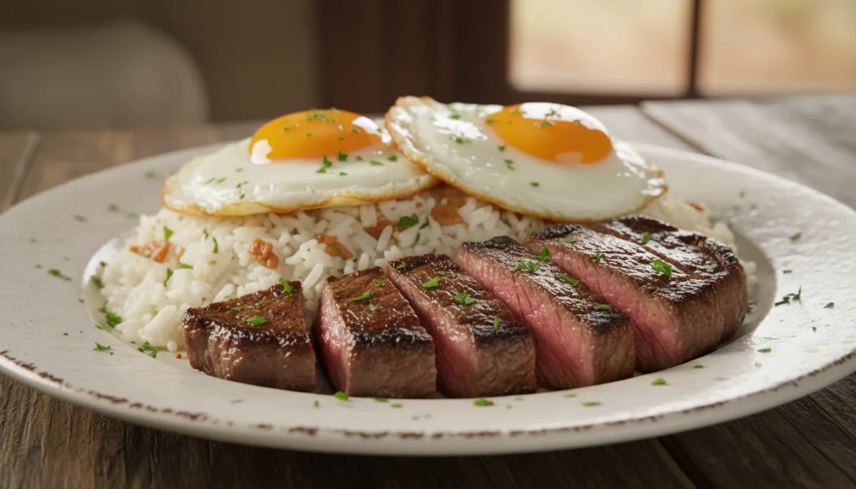 Paraguayan Bife Koygua with Fried Eggs and Garlic Rice