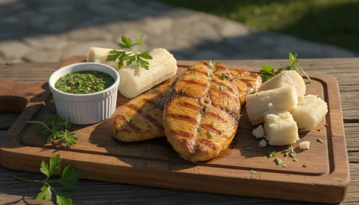 Παραγουανό Surubí a la Parrilla (Ψητός Γατόψαρο) με Γιούκα και Τσιμιτσούρι