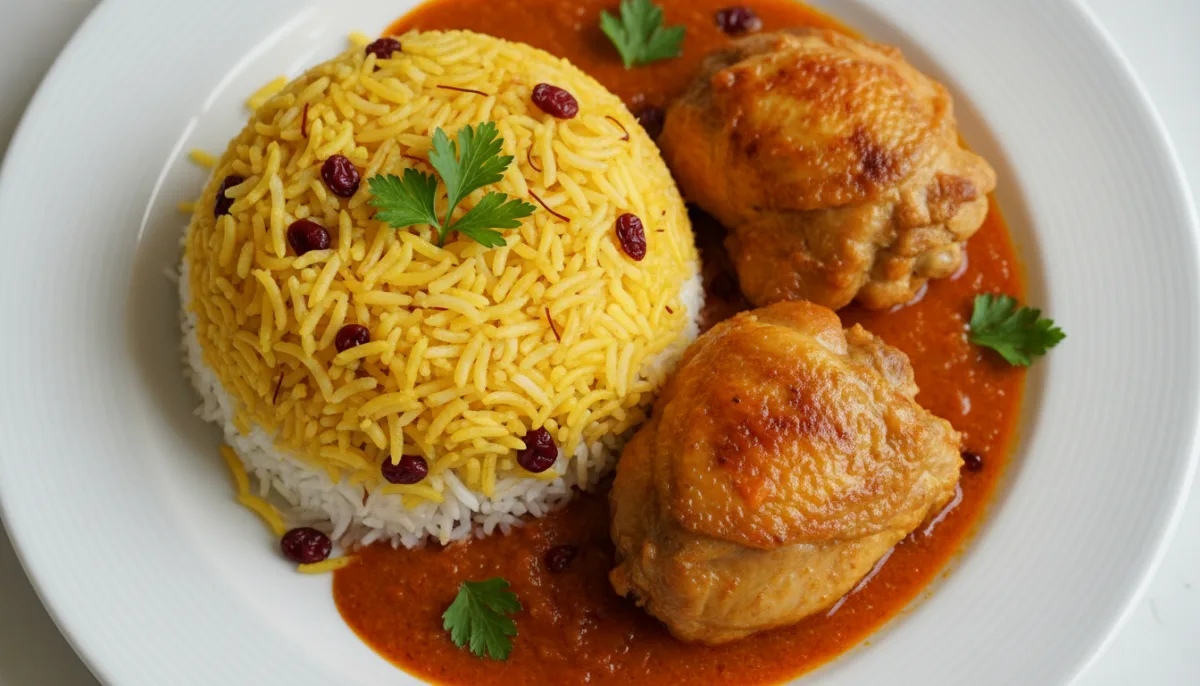 Persian Saffron Chicken and Barberry Rice (Zereshk Polo ba Morgh)