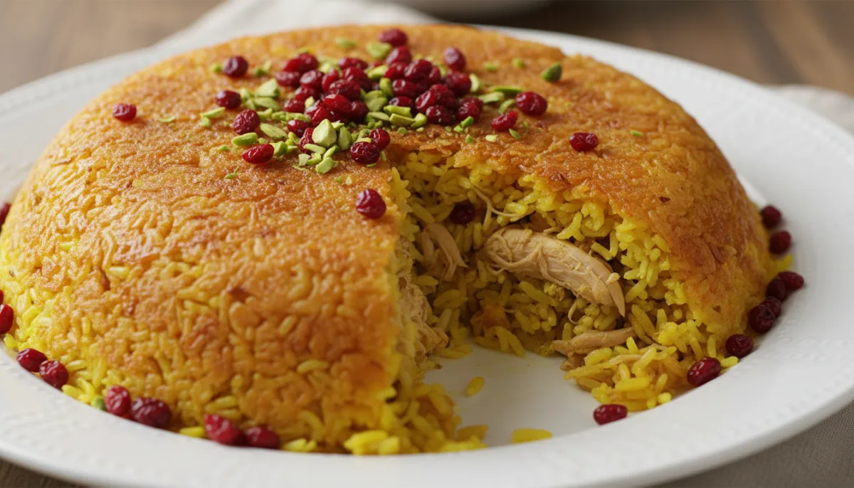 Persian Saffron Chicken and Rice (Tahchin Morgh)