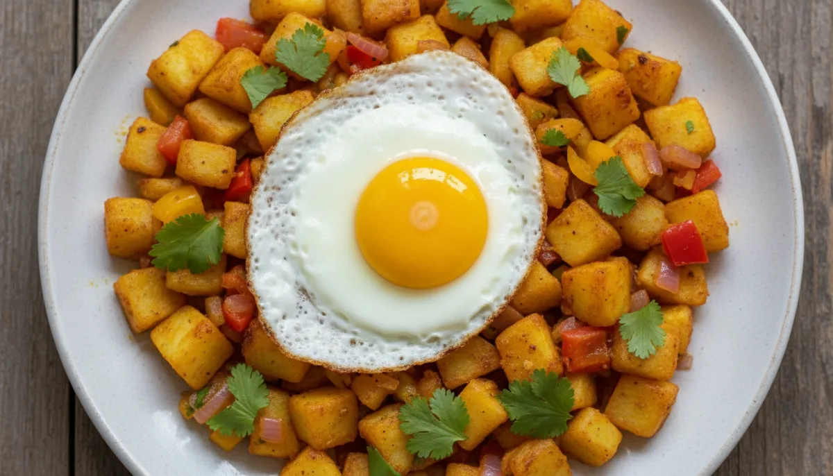 Hash di Patate Peruviano con Uova Fritte per la Colazione