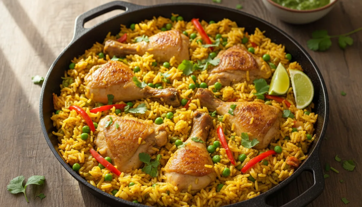 Tigan me Pulë dhe Oriz Peruane (Frymezim nga Arroz con Pollo)