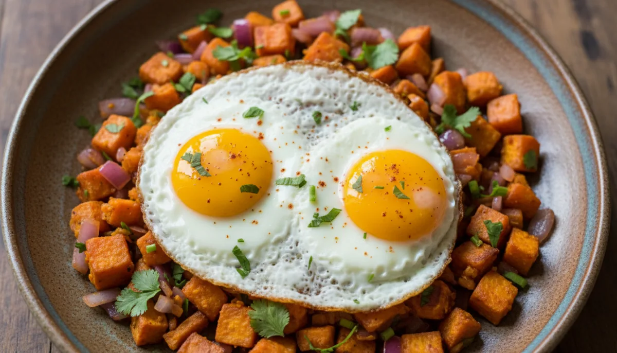 Peruvian Sweet Potato Hash with Fried Eggs