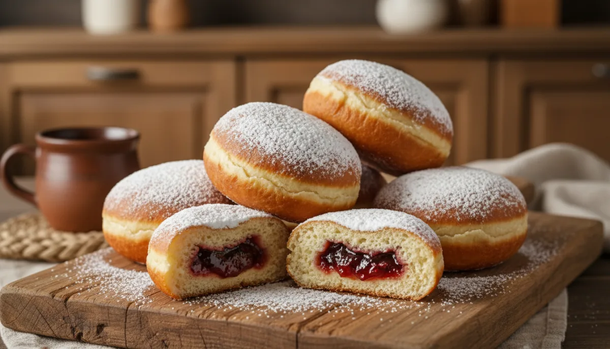 Pączki Poloneses com Geleia de Rosa Mosqueta e Açúcar de Confeiteiro