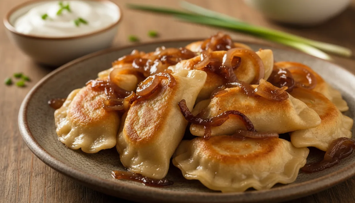 Polish Pierogi with Potato and Cheese Filling, Served with Caramelized Onions