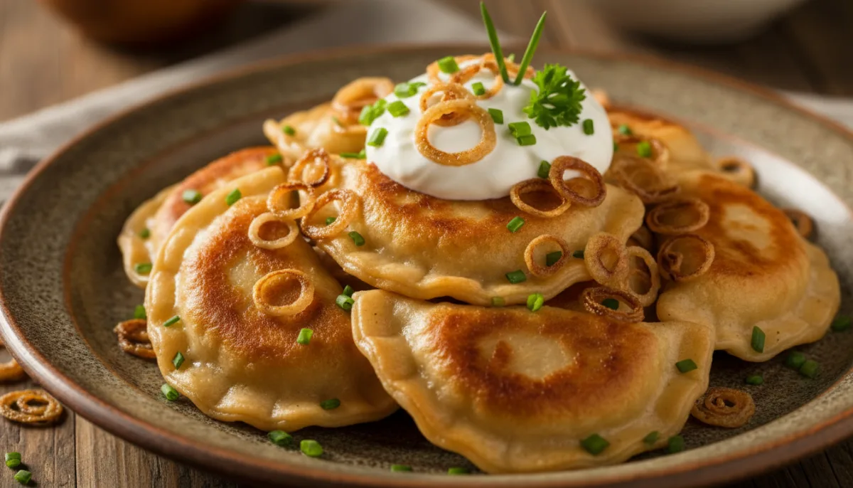 Classic Polish Potato and Cheese Pierogi with Sour Cream and Crispy Onions