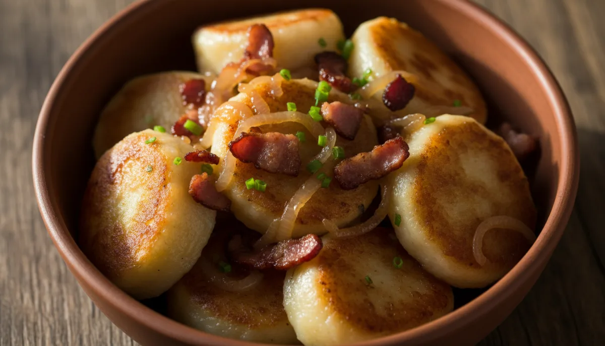 Polnische Pyzy (Kartoffelklöße) mit knusprigem Speck und Zwiebeln