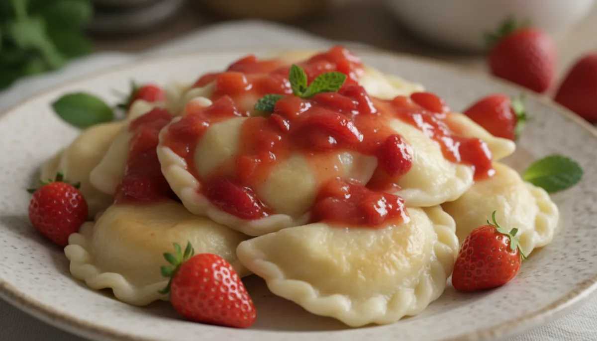 Polish Sweet Cheese Pierogi with Strawberry Sauce