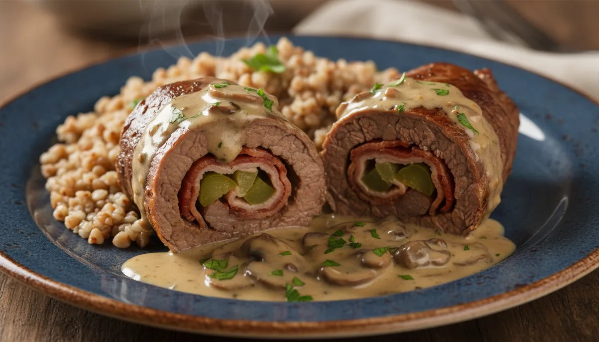 Polish Zrazy (Beef Roulades) with Mushroom Gravy and Buckwheat Groats