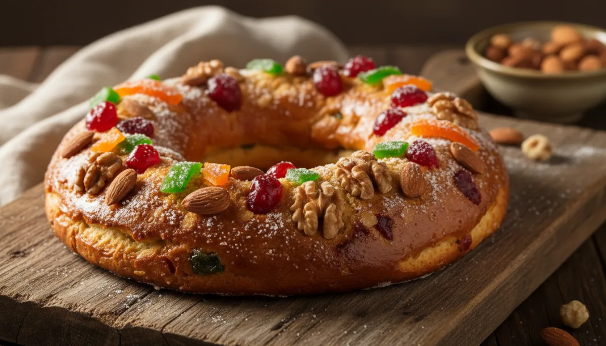 Portuguese Bolo Rei (King Cake) with Candied Fruits and Nuts