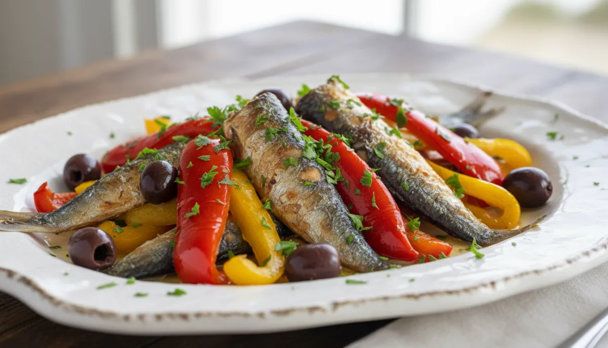 Grilled Portuguese Sardines with Roasted Peppers and Olives