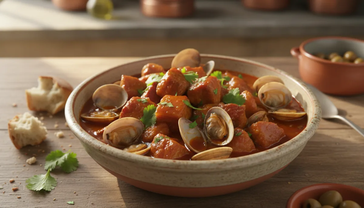 Gjella Portugeze me Mish Derri dhe Midhje (Carne de Porco à Alentejana)