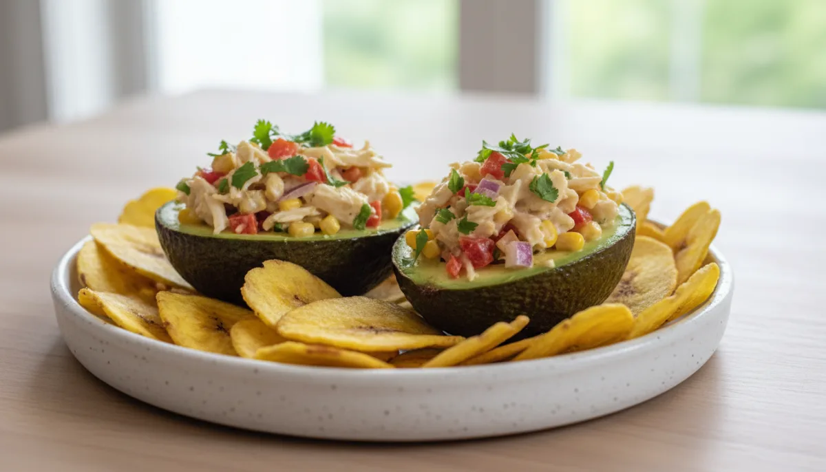 Stuffed Avocado with Zesty Crab Salad and Crispy Plantain Chips