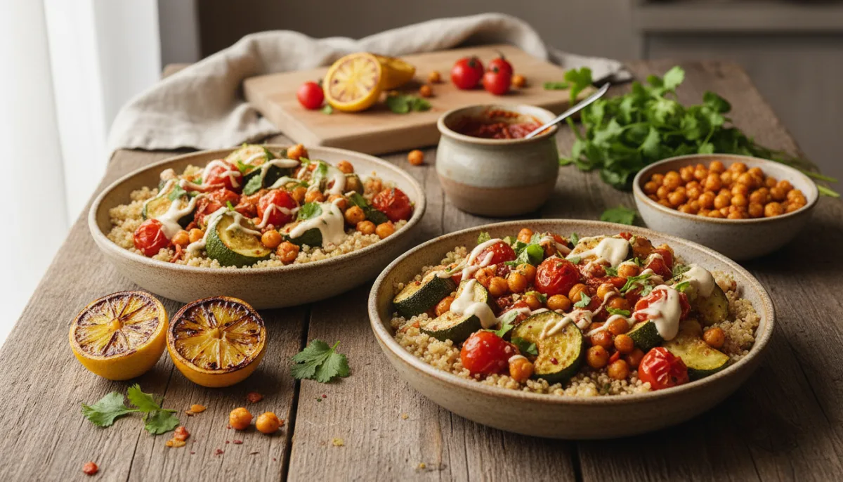 Roasted Vegetable and Chickpea Harissa Bowls