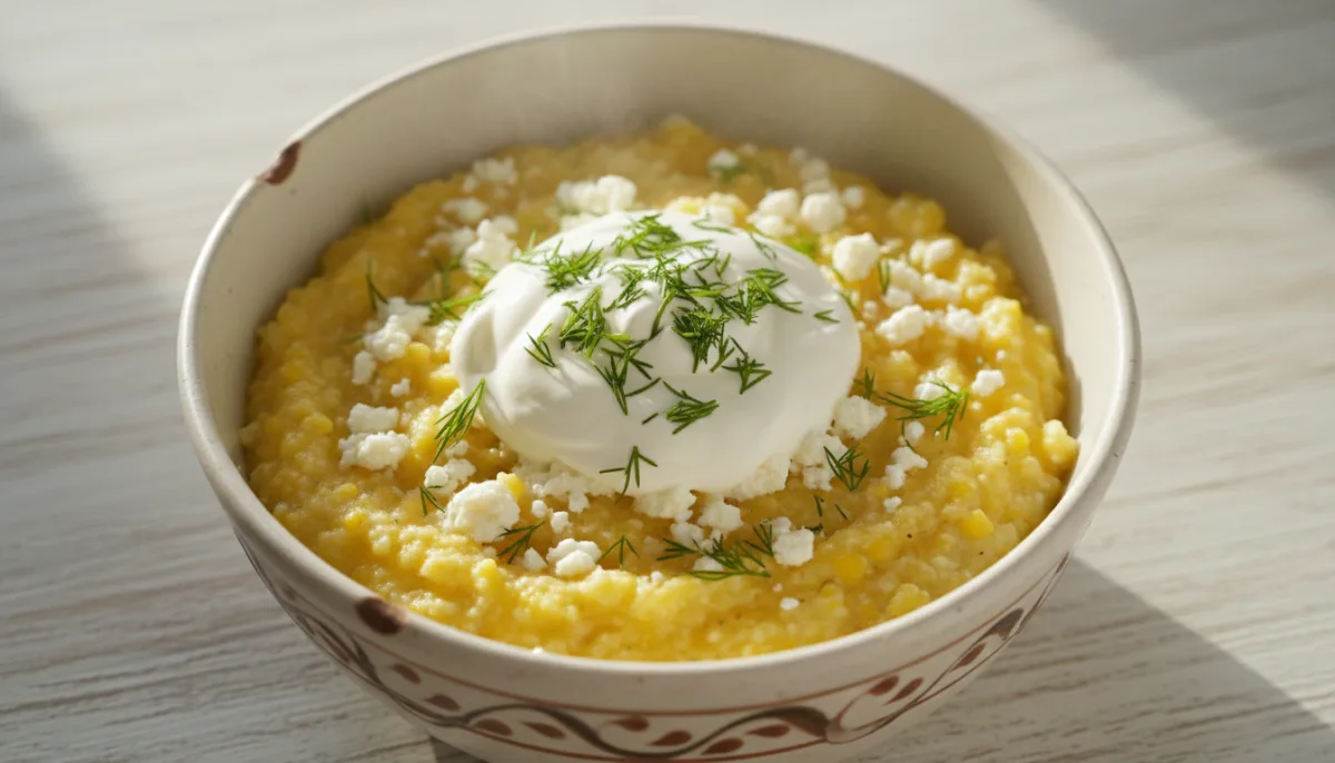 Romanian Cheese and Cornmeal Porridge with Sour Cream and Dill