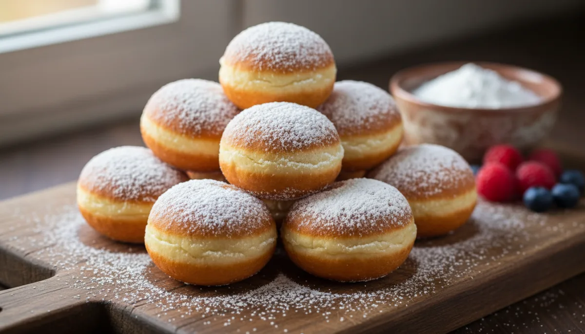 Sweet Romanian Cheese Fritters (Gogoși cu Brânză) with Powdered Sugar
