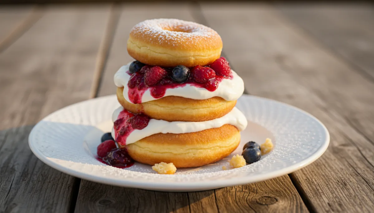 Romanian Papanași (Fried Doughnuts) with Sour Cream and Berry Jam