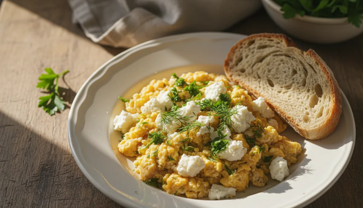 Romanian Scrambled Eggs with Telemea Cheese and Herbs