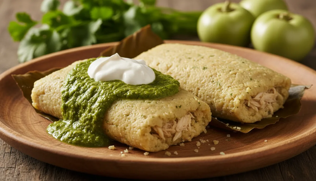 Tamale Pule Salvadoriane me Salcë të Gjelbër Pikante dhe Krema