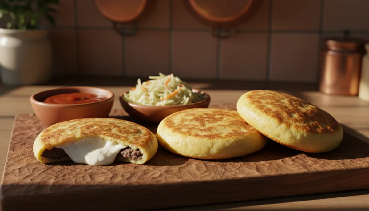 Pupusa Salvadoriane Autentike me Kurti dhe Salcë të Kuqe Pikante