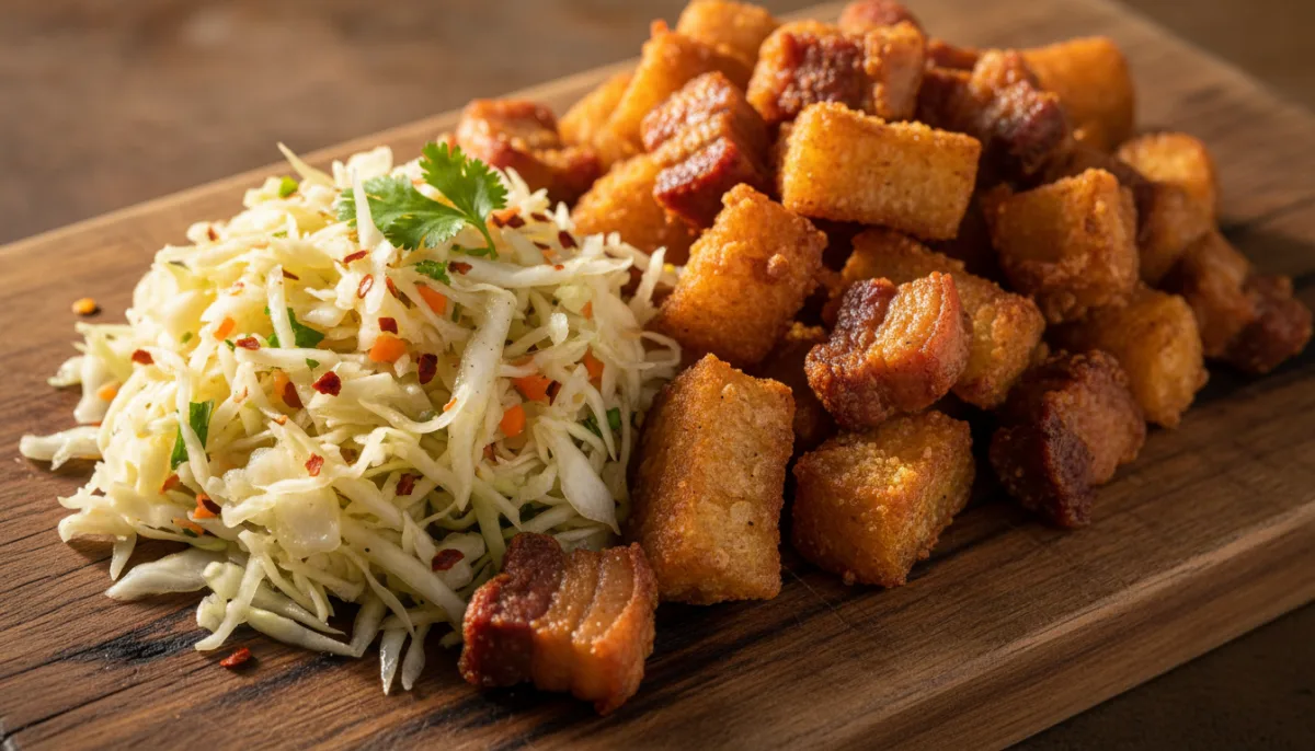 Yuca Frita Salvadoreña Crujiente con Curtido Agrio y Chicharrón Sabroso
