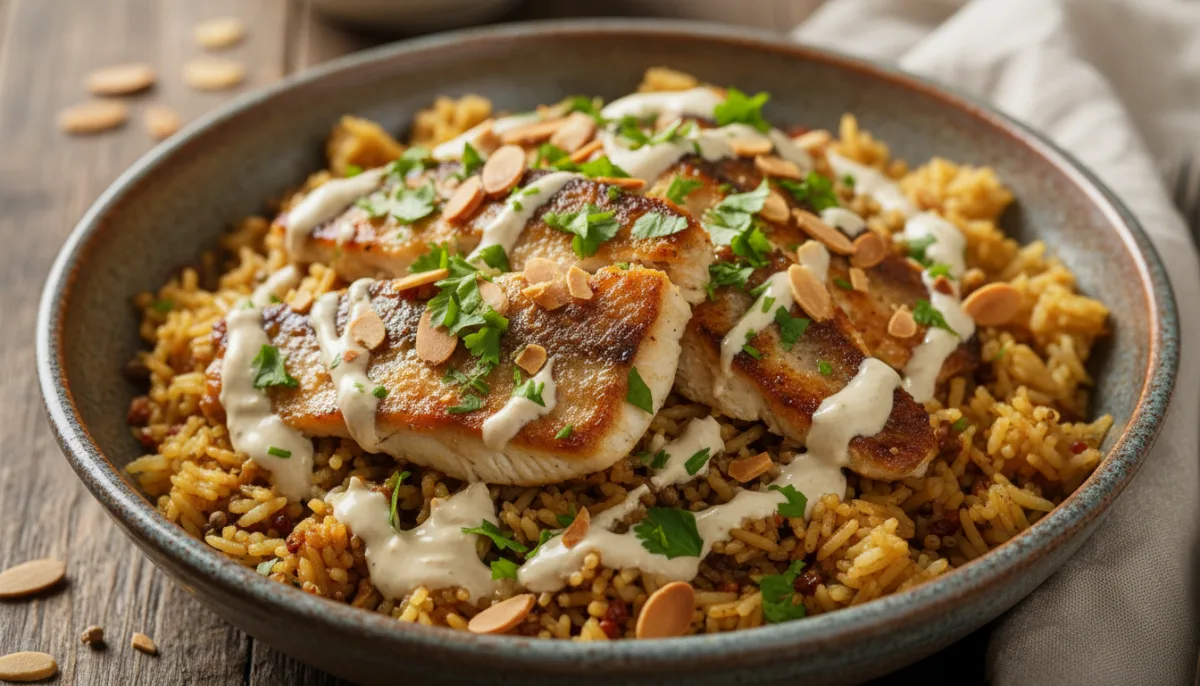 Jordanian Sayadieh: Fish and Spiced Rice with Toasted Almonds and Tahini
