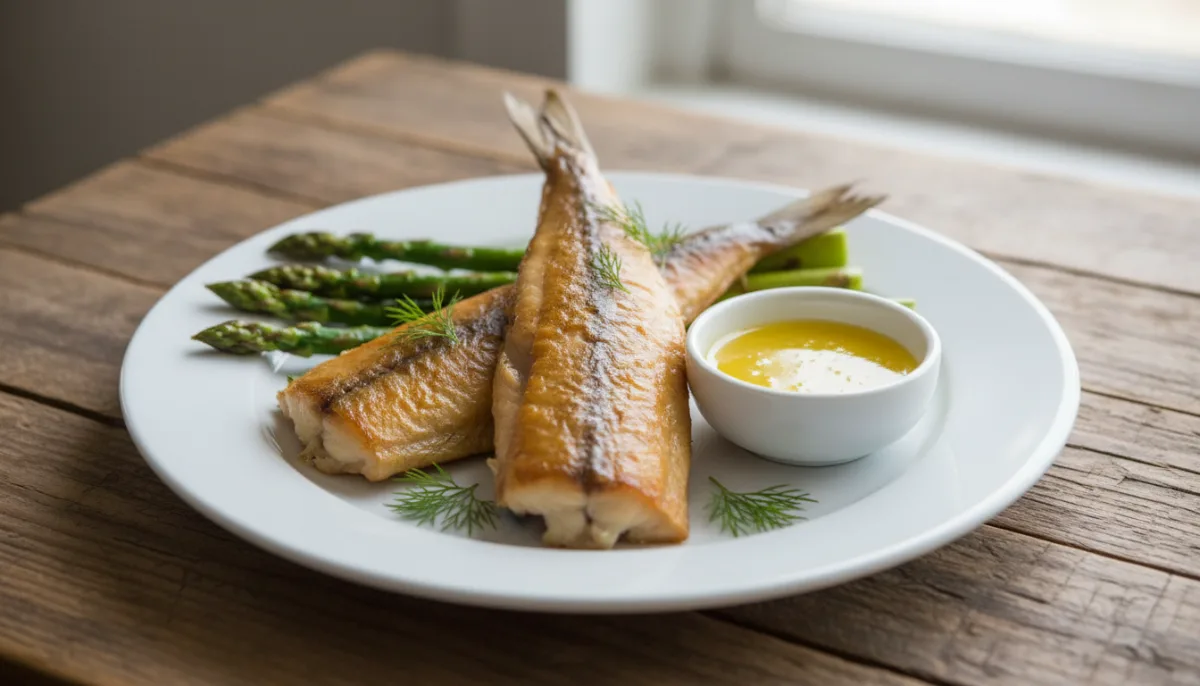 Scottish Arbroath Smokie with Roasted Asparagus and Lemon Butter