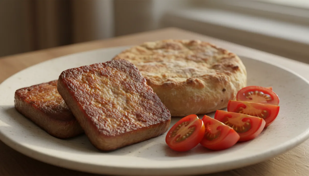 Traditional Lorne Sausage with Toasted Bannock and Fresh Tomato