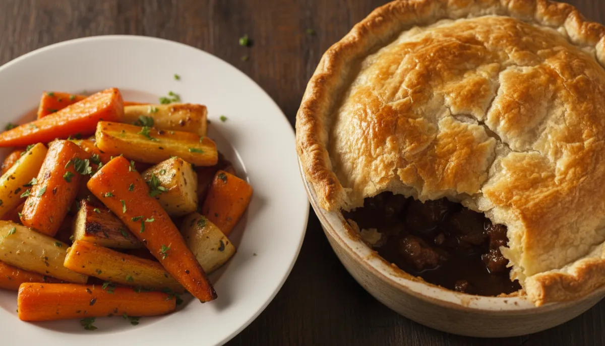 Scottish Steak Pie with Puff Pastry Topping and Roasted Root Vegetables