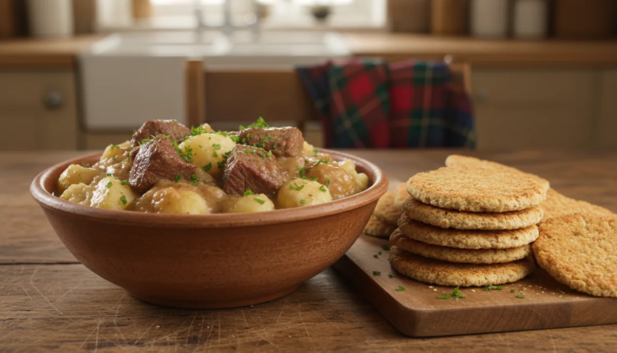 Schottische Stovies (Kartoffel-Fleisch-Eintopf) mit Haferkeksen