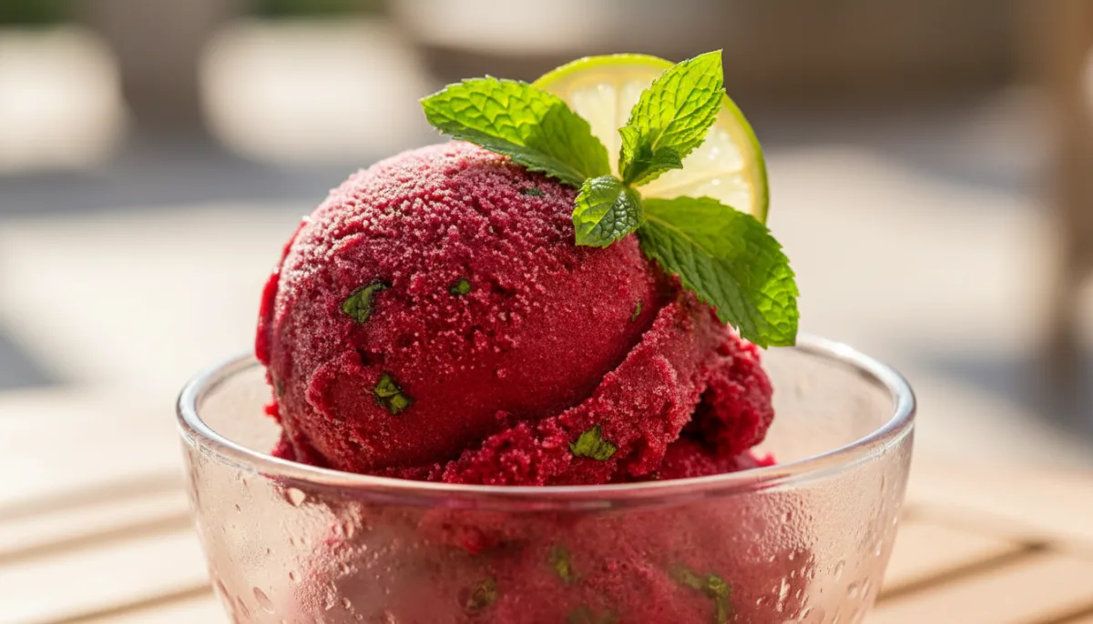 Vibrant Senegalese Hibiscus Sorbet with Fresh Mint