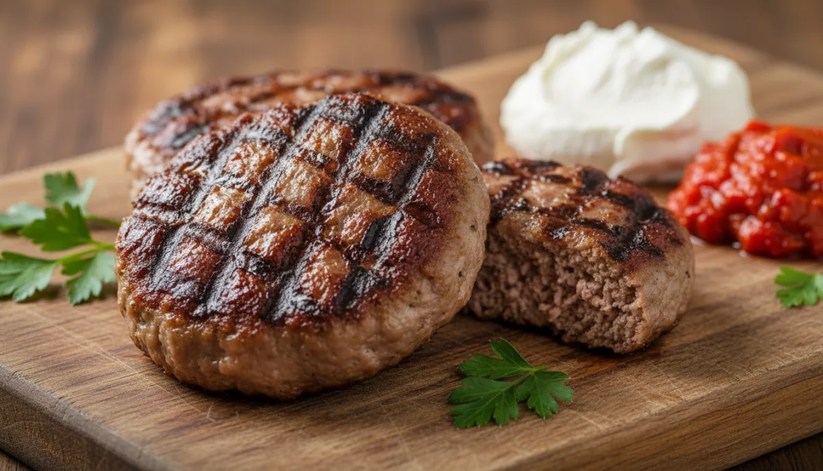 Serbische gegrillte Hackfleisch-Patties (Pljeskavica) mit Kajmak und Ajvar