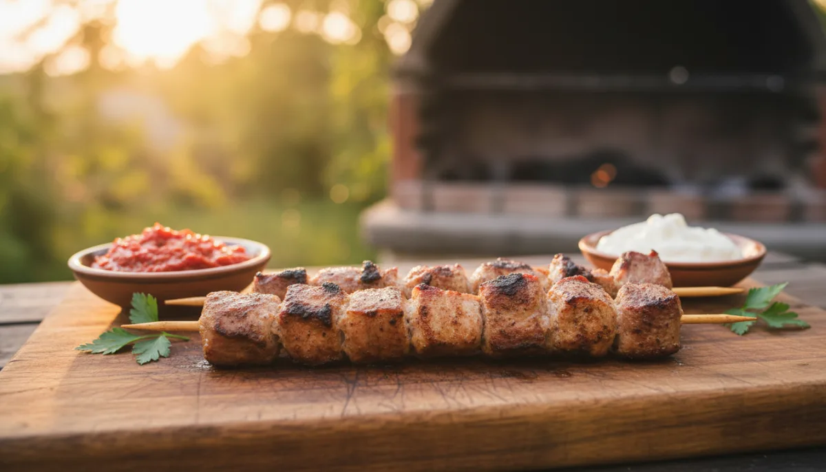 Grilled Serbian Pork Skewers (Ražnjići) with Ajvar and Kajmak