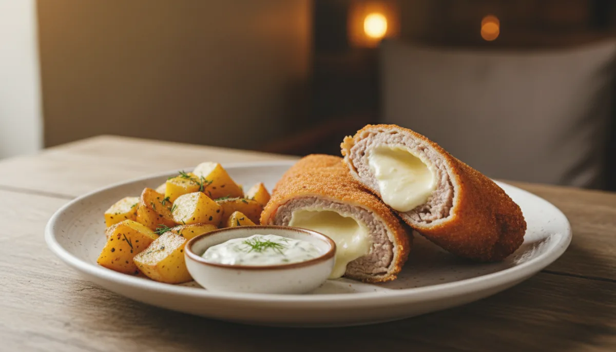 Serbische Karađorđeva Šnicla mit Tatarsauce und Ofenkartoffeln