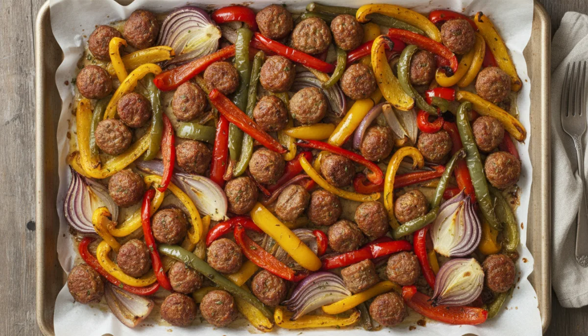 Sheet Pan Sausage and Peppers with Onions
