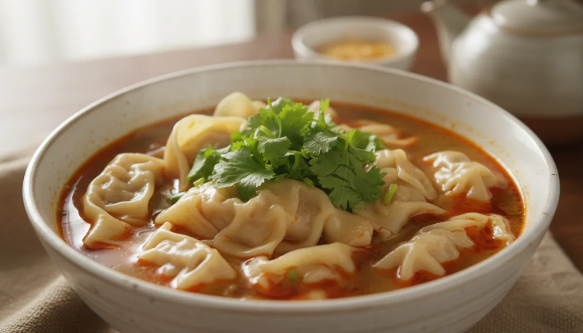 Sichuan Chili Oil Wontons with Savory Broth and Fresh Cilantro